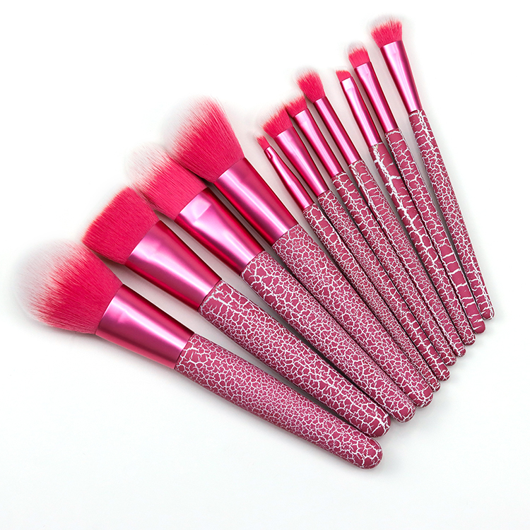 Cracked lacquered rose red wooden handle makeup brush for 11pcs in one set