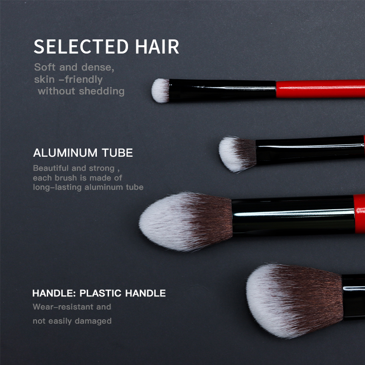 High-quality with bright red color wooden handle of makeup brush set