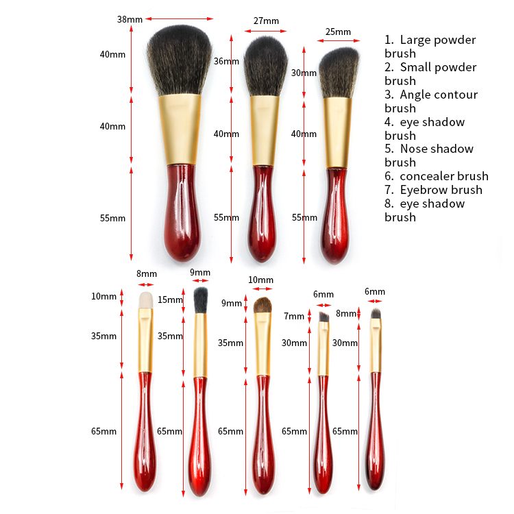 High-end wine-red noble lady travel brush set 8pcs