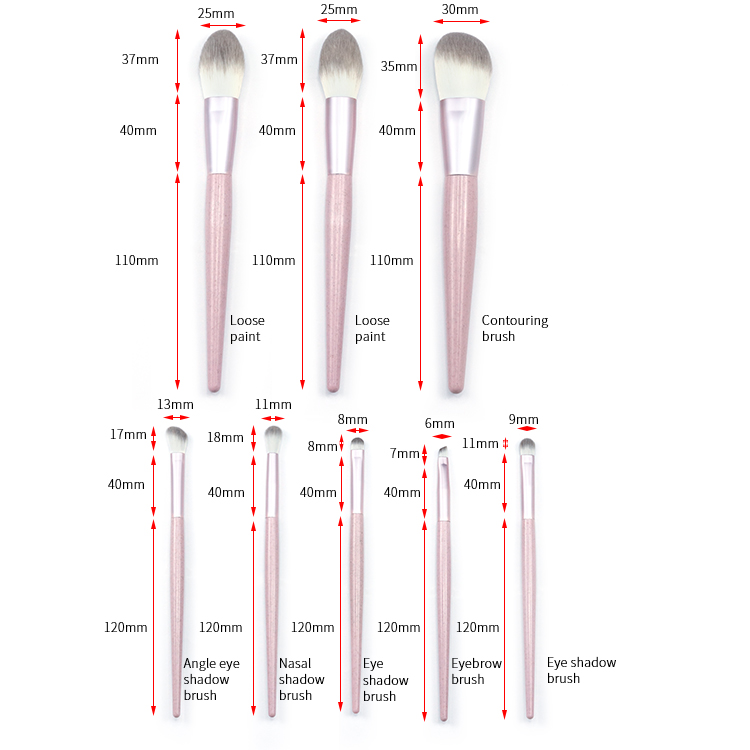 Eco-friendly Wheat straw handle with 2C synthetic hair 8pcs makeup brush set