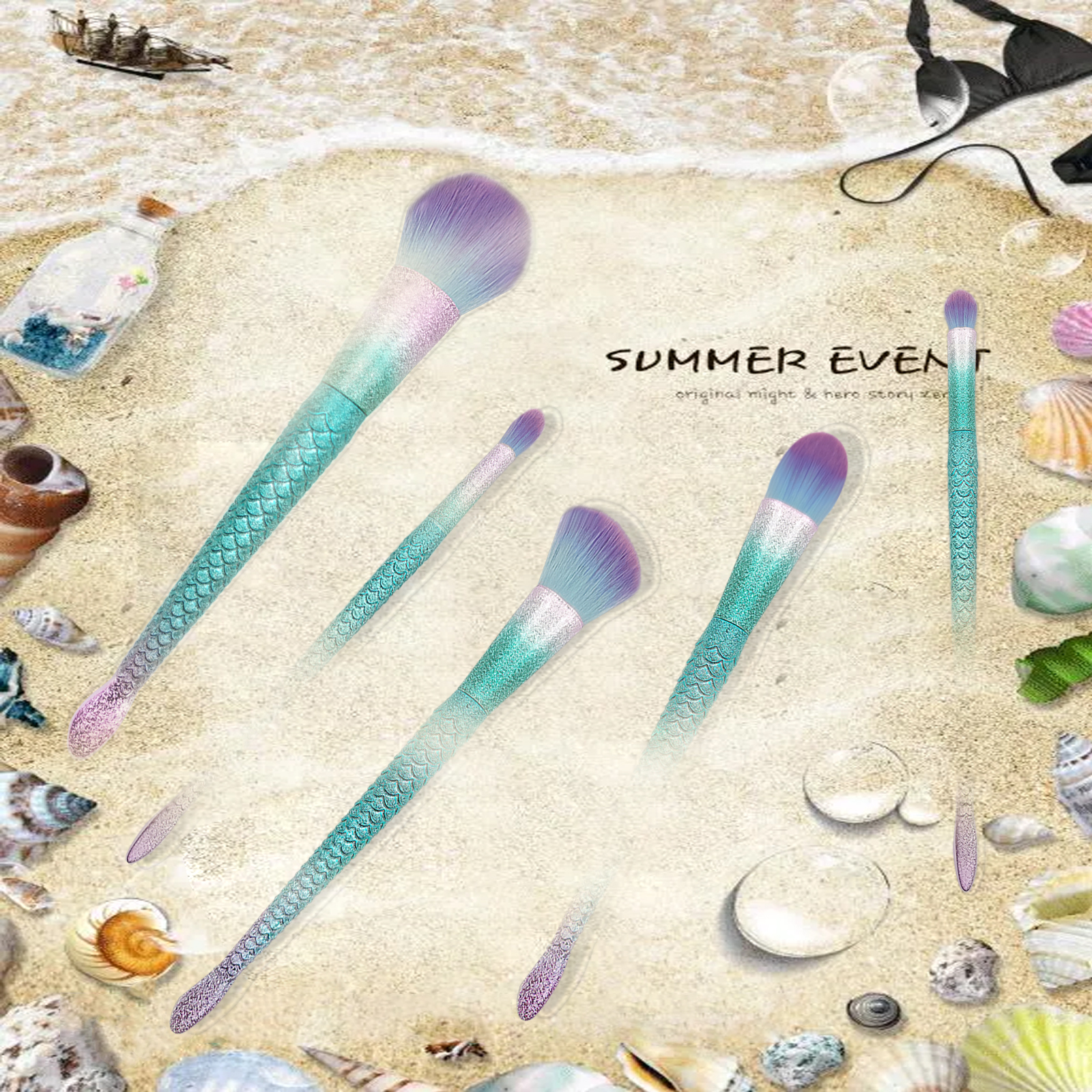 Mermaid shape of handle makeup brush set 5 pieces