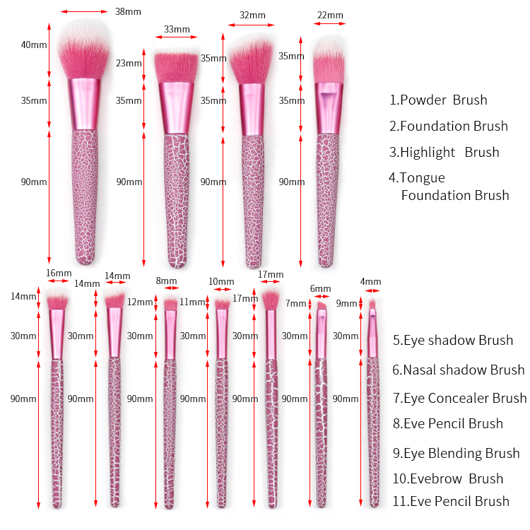 Cracked lacquered rose red wooden handle makeup brush for 11pcs in one set