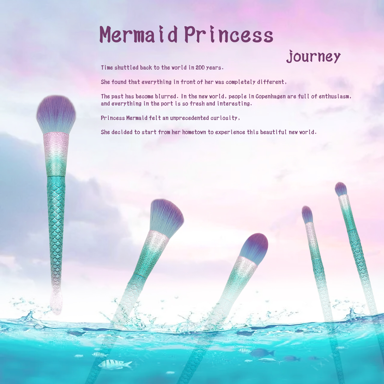 Mermaid shape of handle makeup brush set 5 pieces