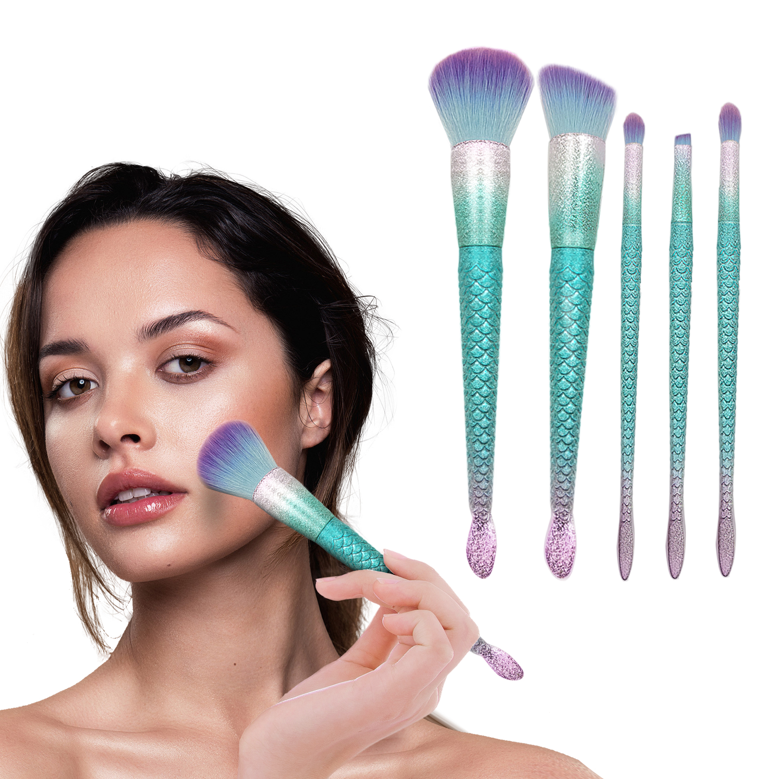 Mermaid shape of handle makeup brush set 5 pieces