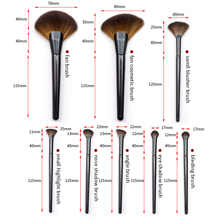 8-piece set brush with bright black wooden handle