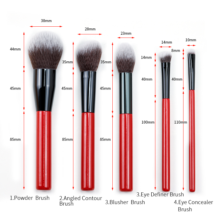 High-quality with bright red color wooden handle of makeup brush set