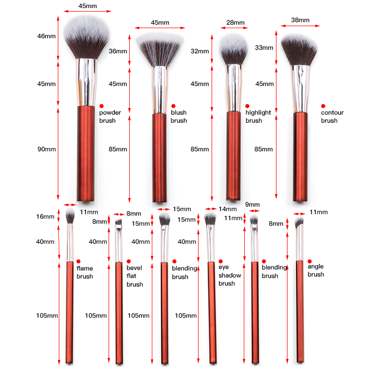Shinny red color plastic handles for makeup brush sets 9pcs