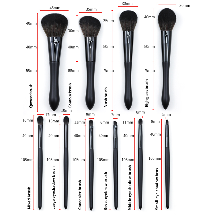 Matte premium black makeup brush set