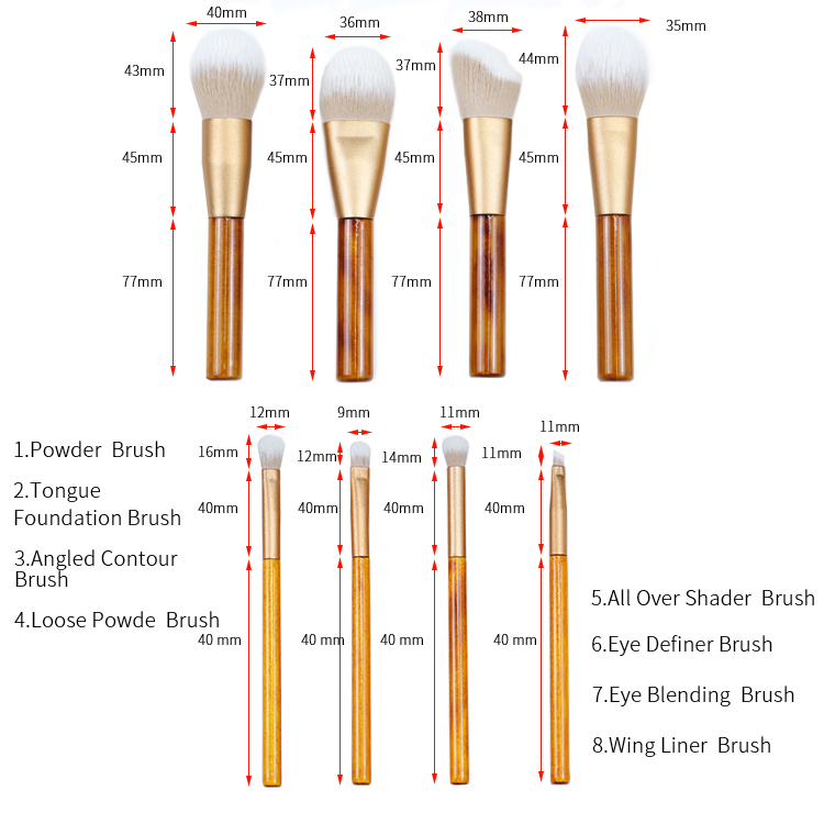 High-end short makeup brush handle of 8 pcs in one set