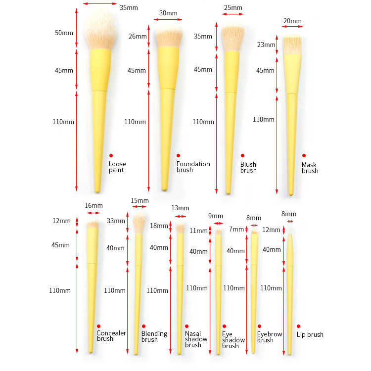 Summer new Lemon yellow wooden handle of 10pcs professional brush set