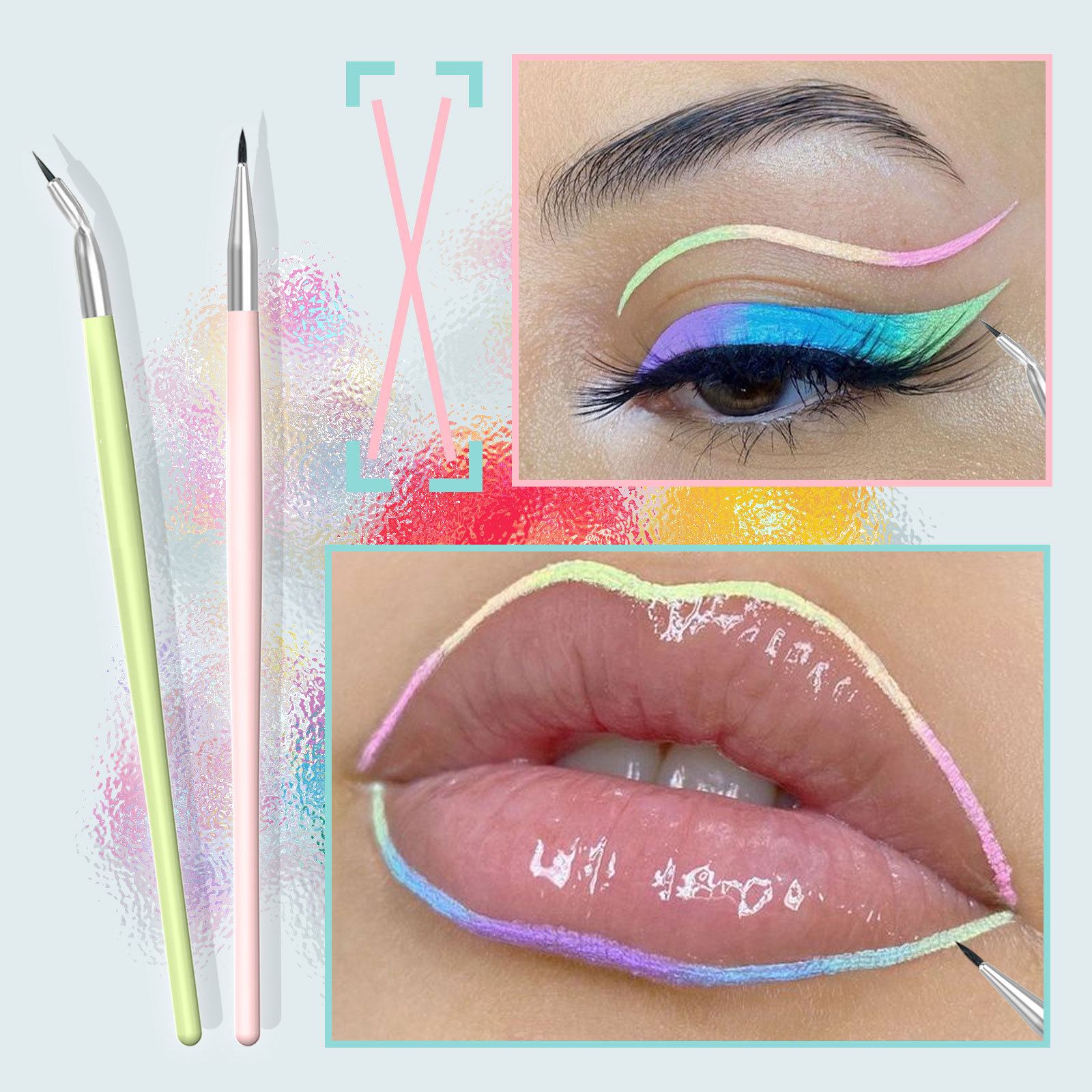 Macaron-colored eyeshadow brush and lip brush