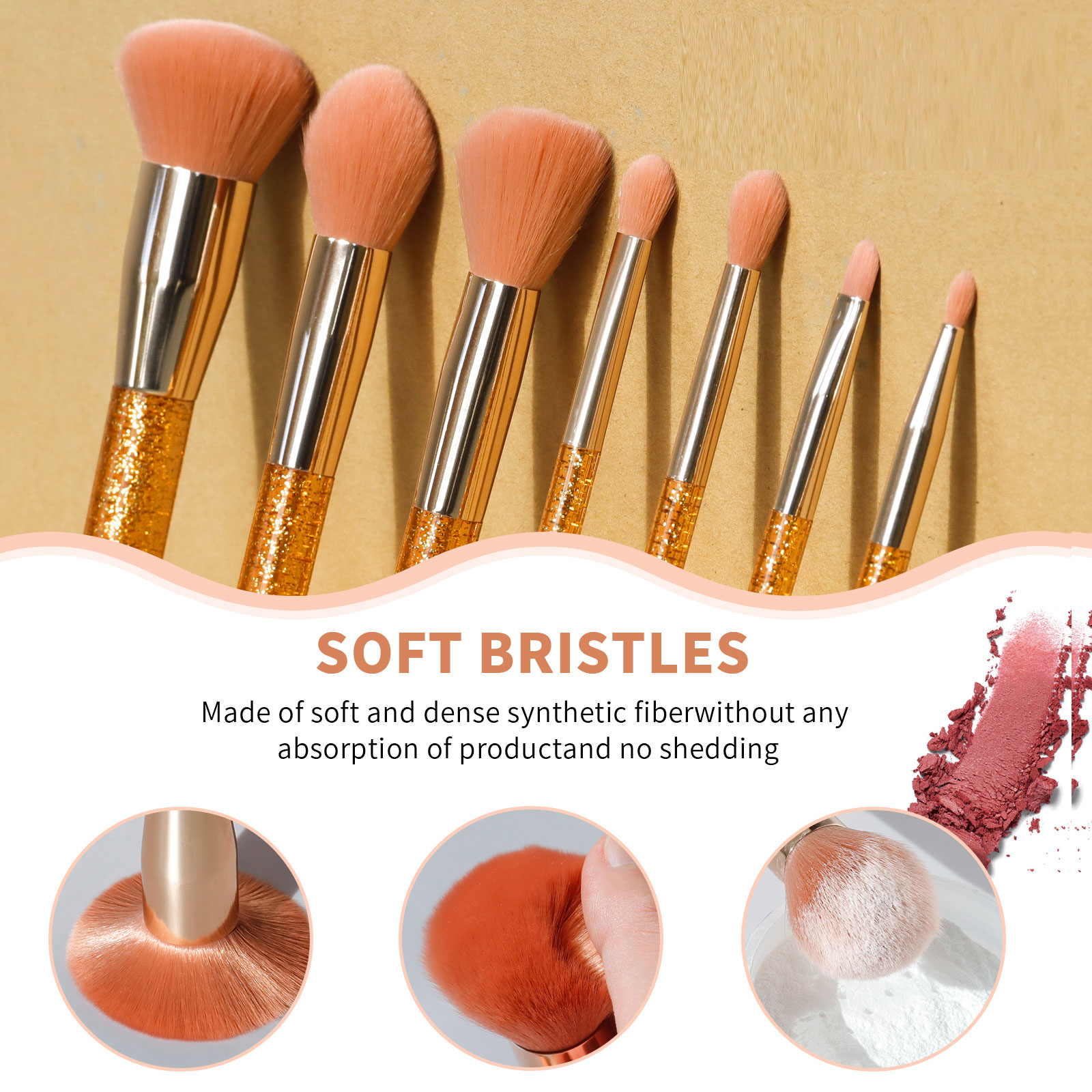 Young element Transparent plastic handle injection molding process with gold powder makeup brush set for gift design