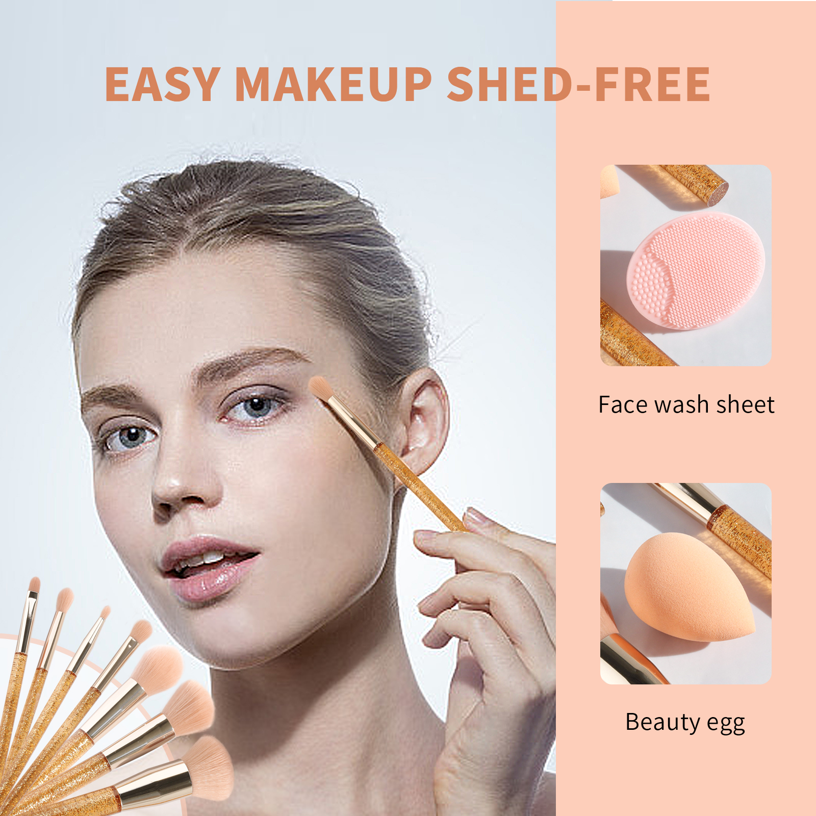 Young element Transparent plastic handle injection molding process with gold powder makeup brush set for gift design