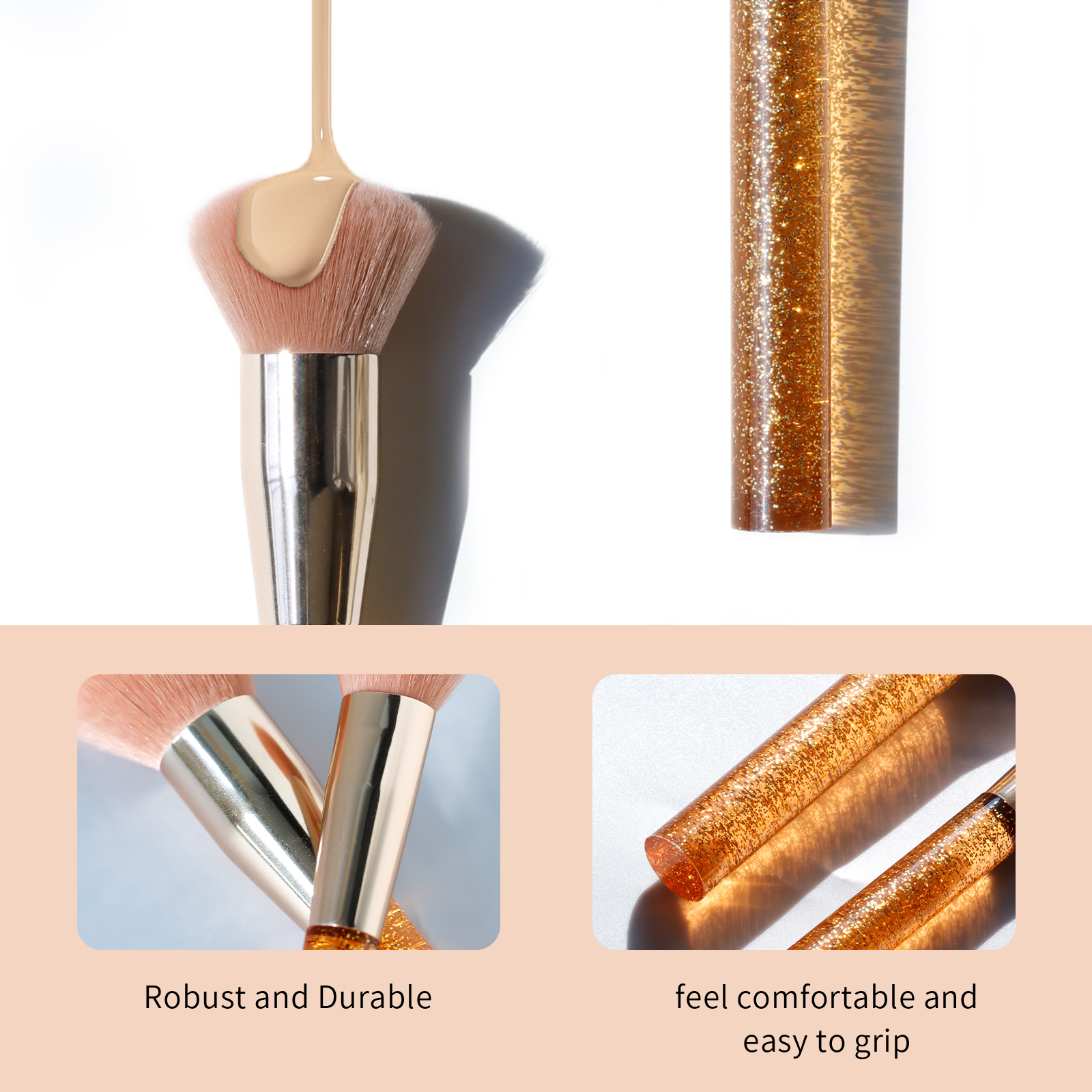 Young element Transparent plastic handle injection molding process with gold powder makeup brush set for gift design