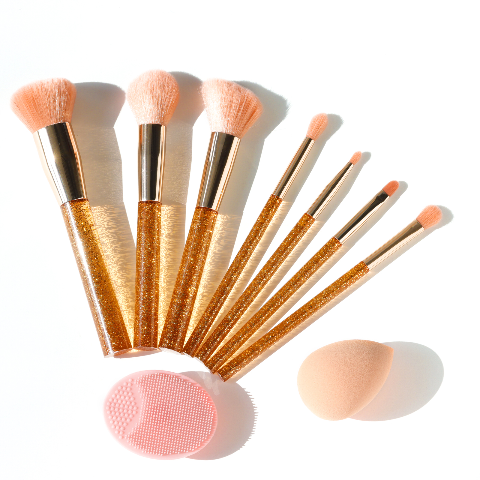 Young element Transparent plastic handle injection molding process with gold powder makeup brush set for gift design