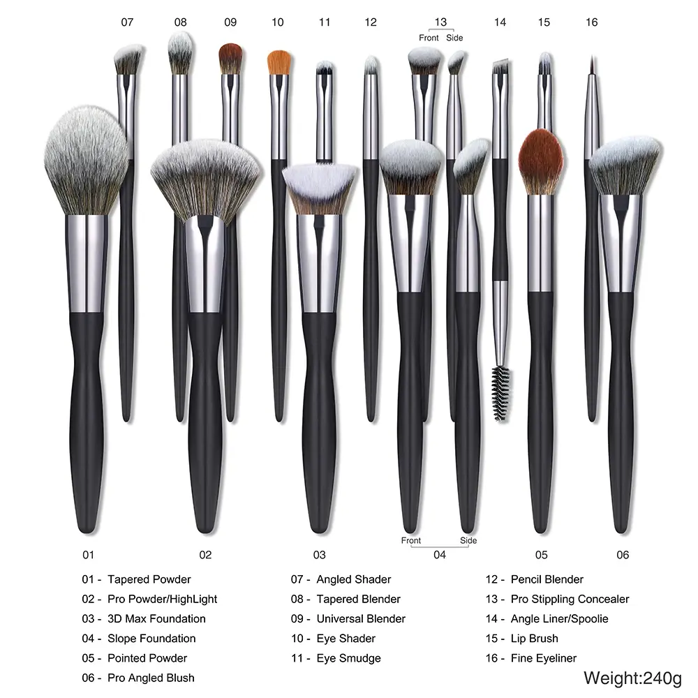 Source Factory Vegan Makeup Brushes 16pcs Professional High Quality Custom Logo Black Cosmetic Makeup Brushes Set