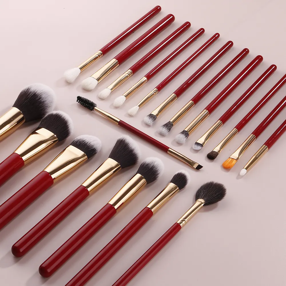 Red color wooden handle professional makeup brush set with Vegan Cruelty free synthetic fiber hair