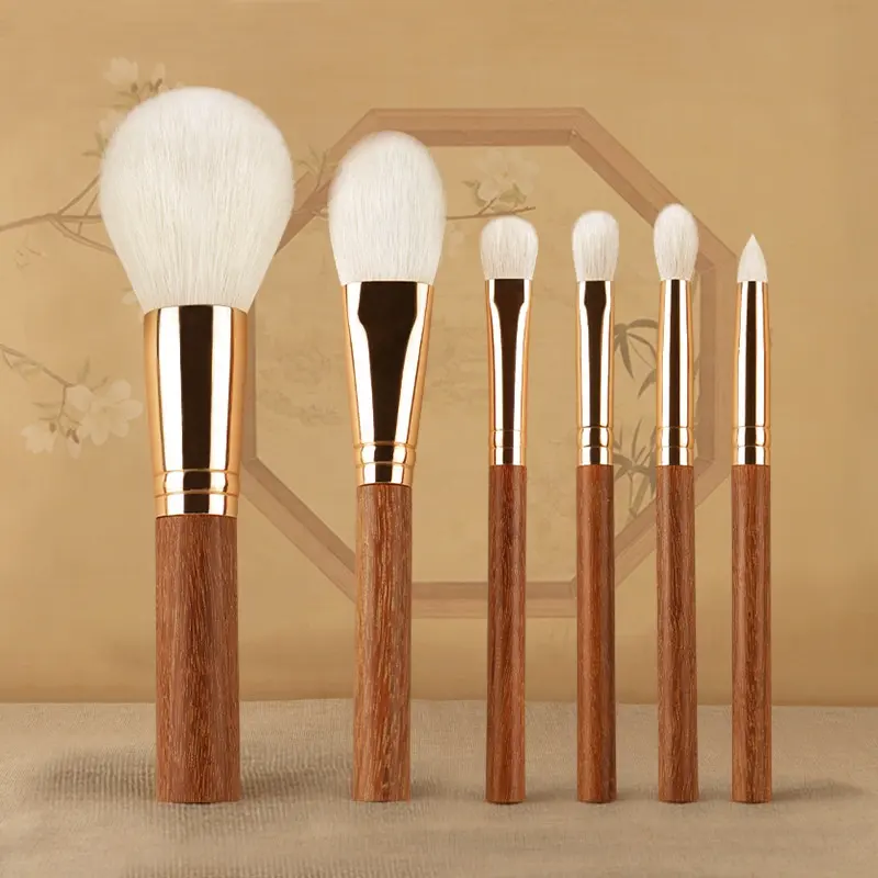 Luxury Wood Handle Cosmetic Brush Set 6pcs White Goat Hair Makeup Brush Set