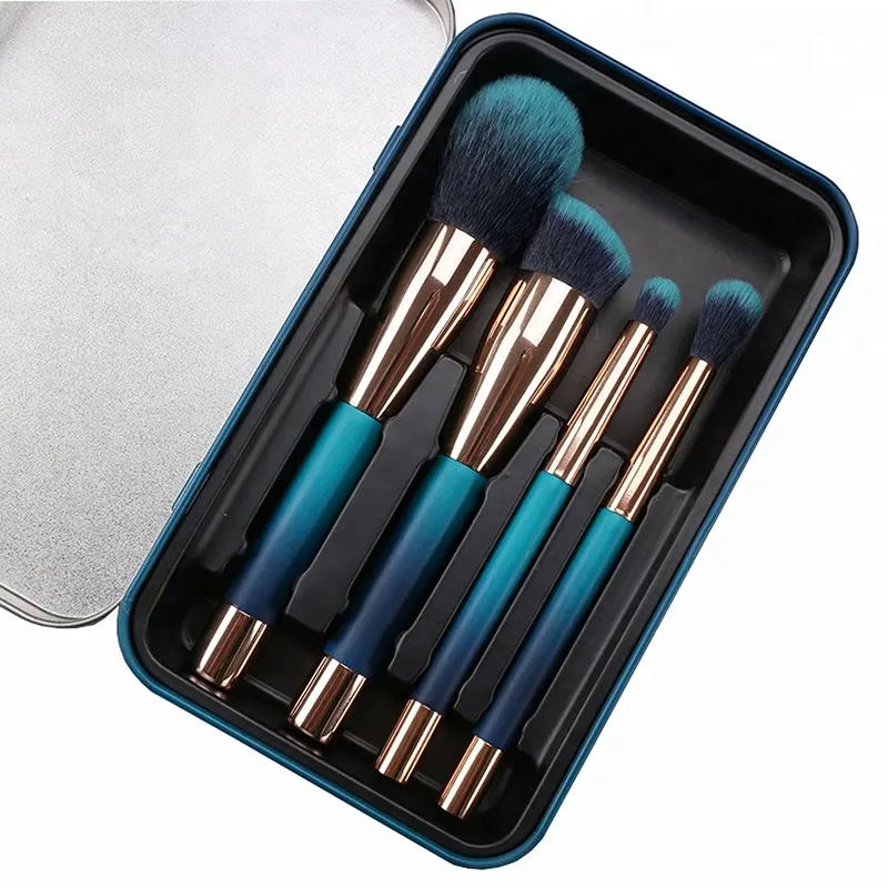 4-Piece Magnetic Makeup Brush Set with Metal Case Wood Handle and Synthetic Hair Blue Color Cosmetics Brush Set