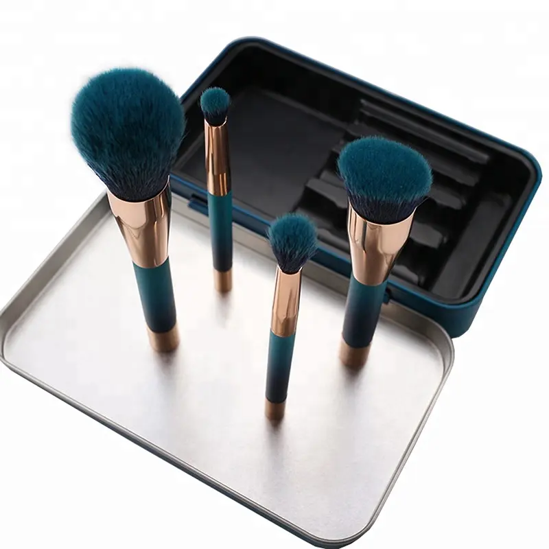 4-Piece Magnetic Makeup Brush Set with Metal Case Wood Handle and Synthetic Hair Blue Color Cosmetics Brush Set