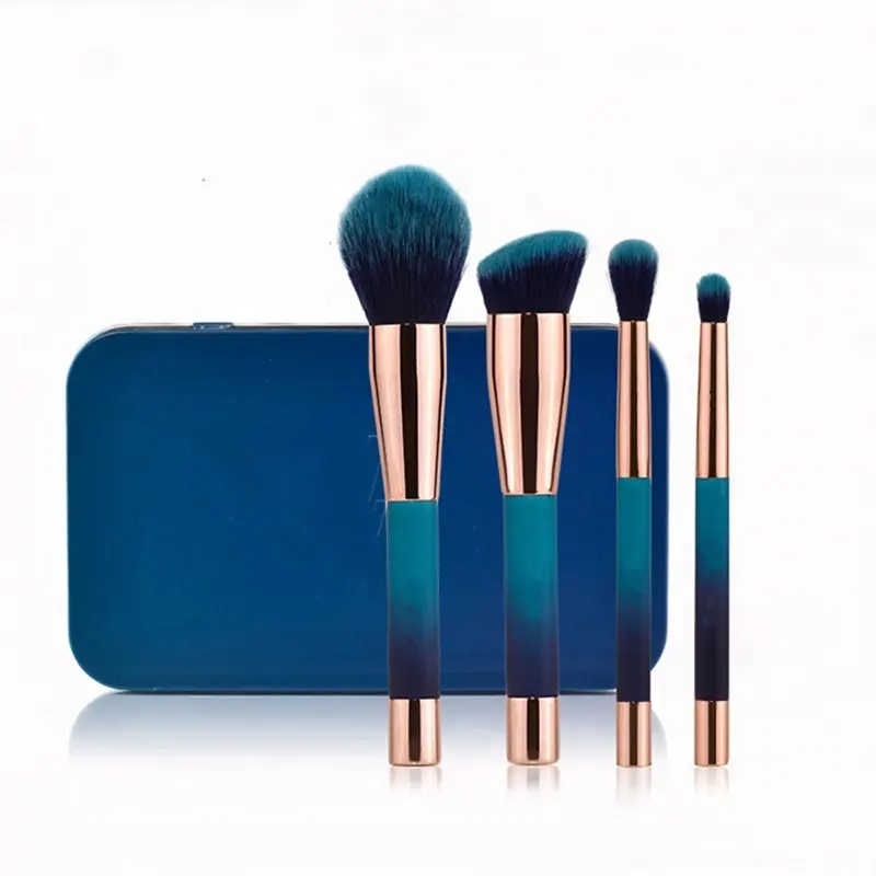4-Piece Magnetic Makeup Brush Set with Metal Case Wood Handle and Synthetic Hair Blue Color Cosmetics Brush Set