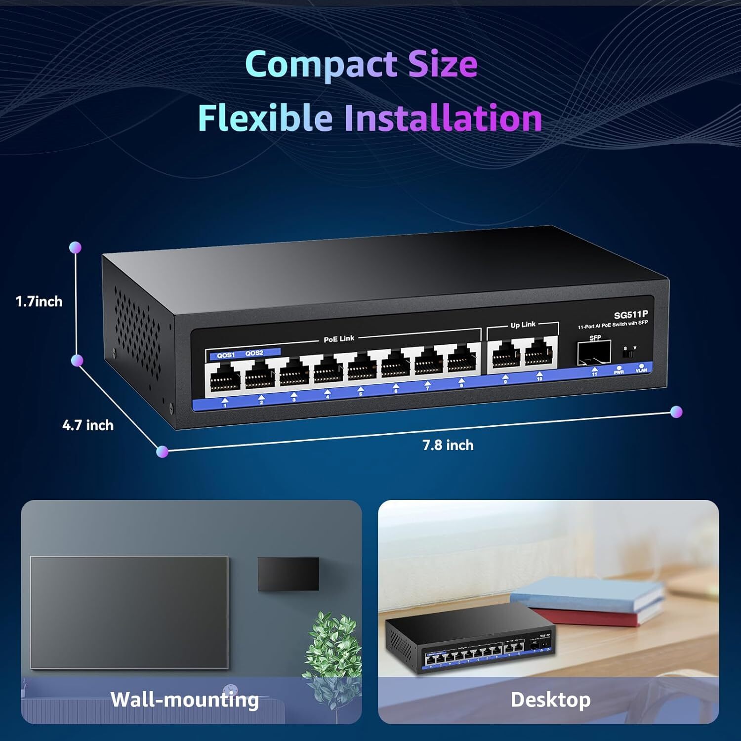 5 Port Gigabit PoE Switch, 4 PoE+ Ports @65W, Desktop, Plug & Play, Sturdy Metal   Shielded Ports, Fanless