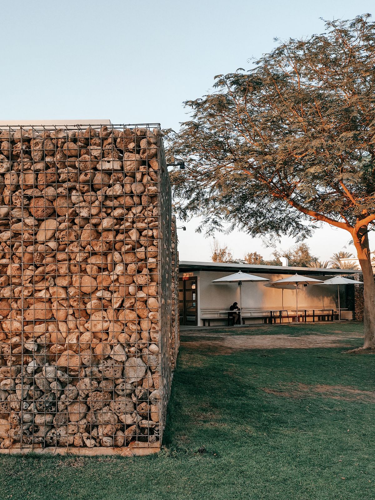 Gabion wall with natural stone fill in a park